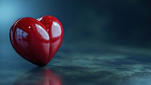 A glossy red heart on a reflective surface under soft lighting