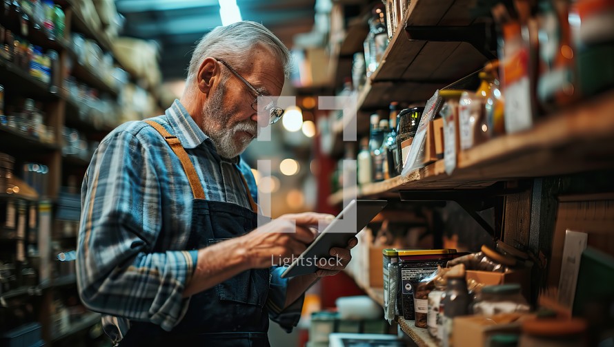 Senior man in apron using digital tablet while working in a warehouse
