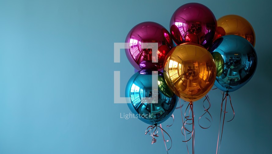 multicolored balloons on a blue background. space for text.