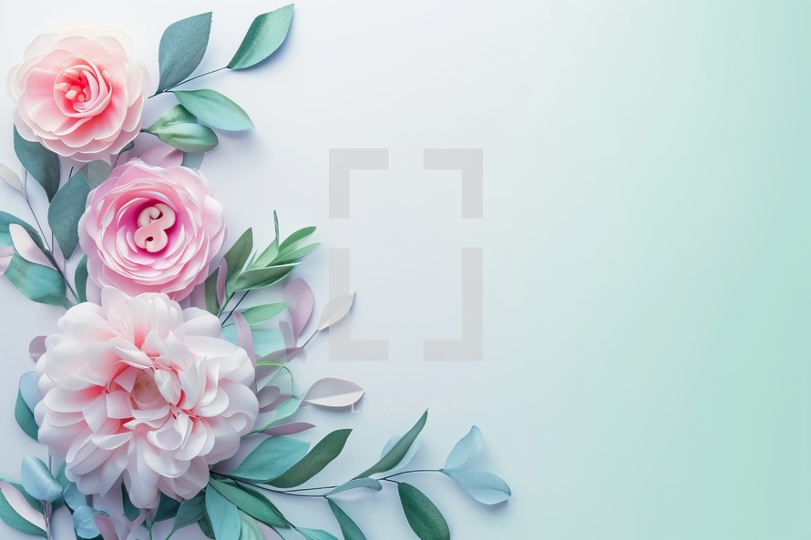 Flowers composition. Pastel pink flowers and green leaves on white background. Flat lay, top view, copy space