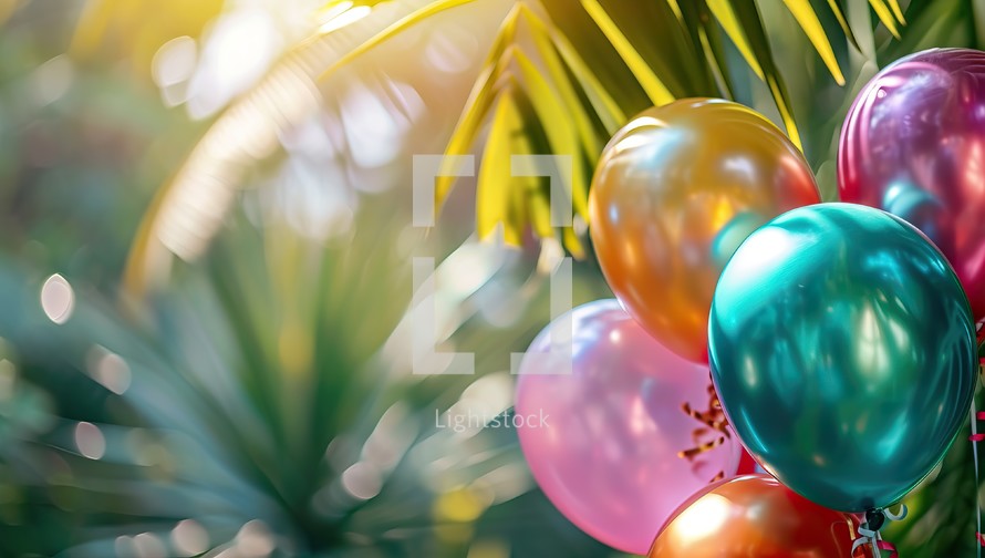 Colorful balloons on the background of palm leaves. Festive background.