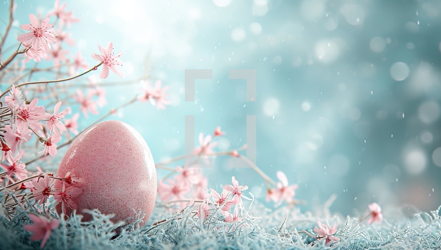  A pink Easter egg nestled among blooming flowers under a magical light