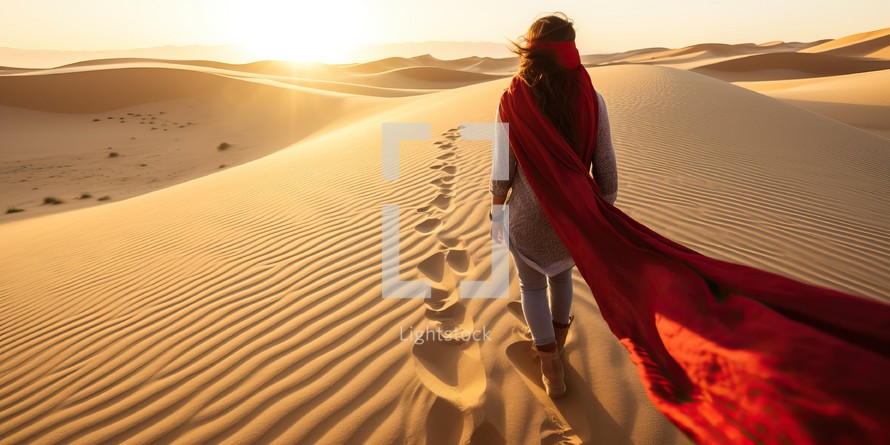 Beautiful woman in the desert with red scarf at sunset time.