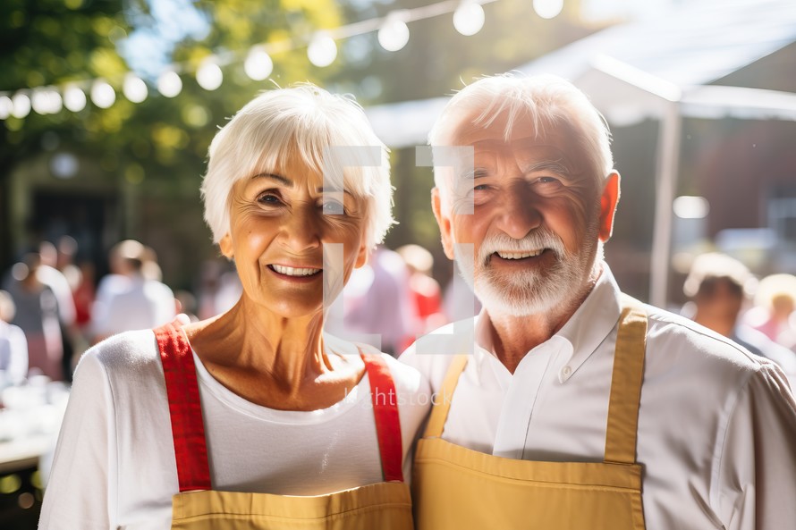 Smiling senior couple in apron looking at camera while standing outdoors