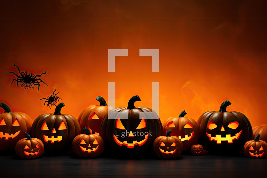 Halloween pumpkins with scary faces on fire background. Vector illustration.