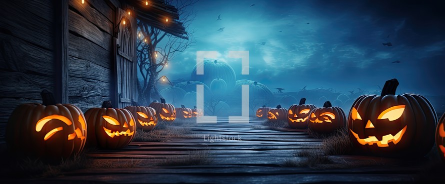 Halloween background with pumpkins on wooden planks 3D rendering
