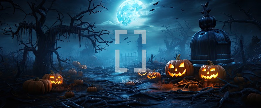 Halloween background with pumpkins, spooky trees and full moon