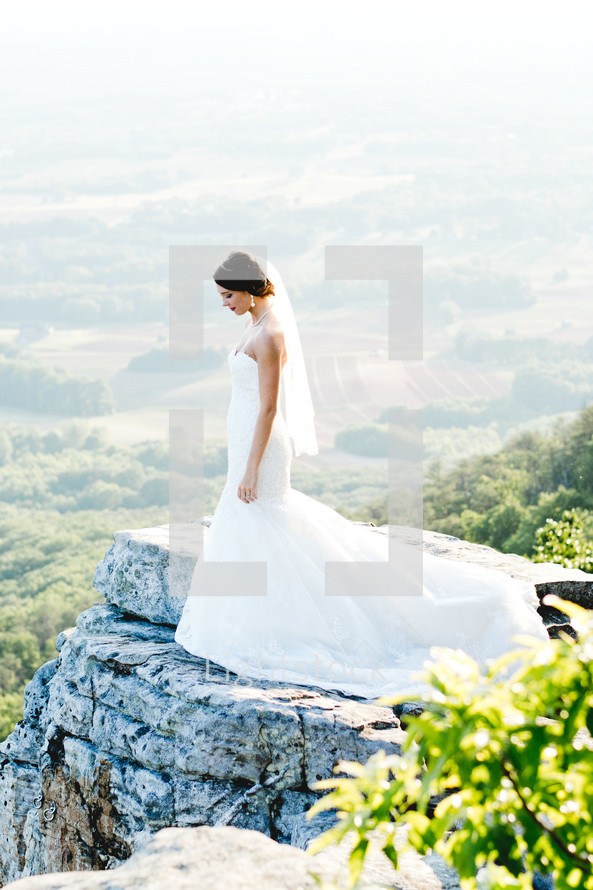a bride standing at the edge of a cliff 