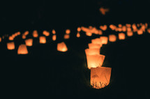 paper lanterns in a yard at night