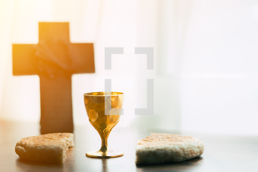 communion bread and wine on an altar 
