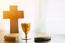 communion bread and wine on an altar 