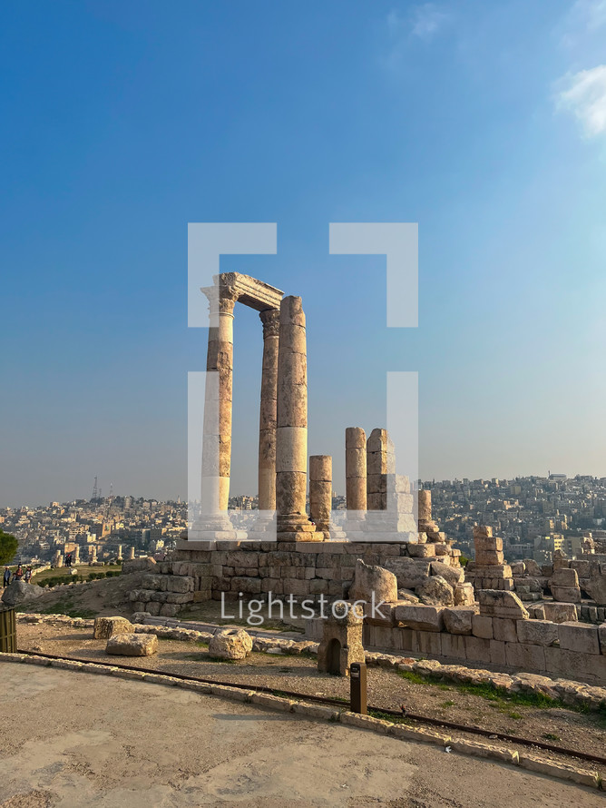 The majestic ruins of the ancient Roman temple of Hercules in Amman.