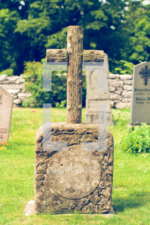 Log cross grave marker headstone.