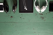 headphones, earbuds, iPad, and iPhones