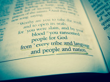 A bible open at Revelation chapter 5 with the words "from every tribe and language and people and nation" underlined. Duo-tone.