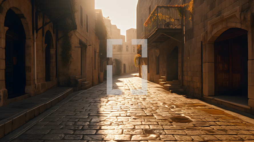 Sun settles on an empty street in Jerusalem in the early morning. 