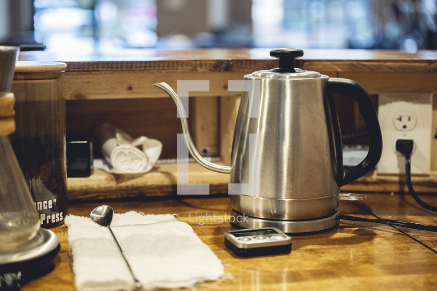 Electric kettle for pour over coffee at a church coffee shop.