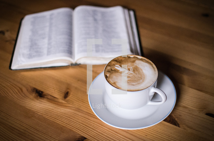 cappuccino and open Bible 