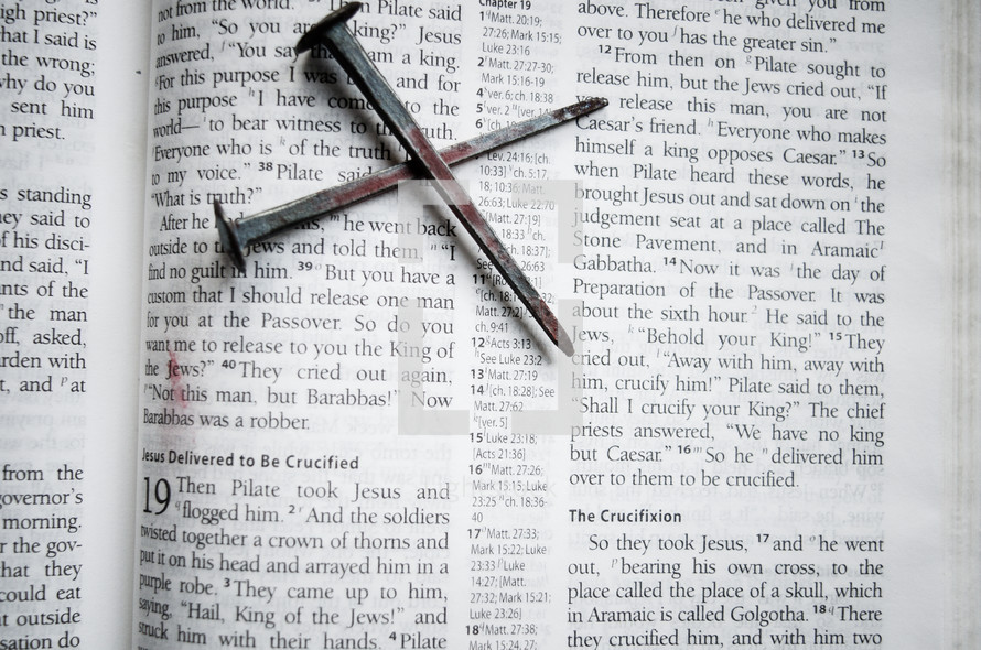 nails on the pages of a Bible 