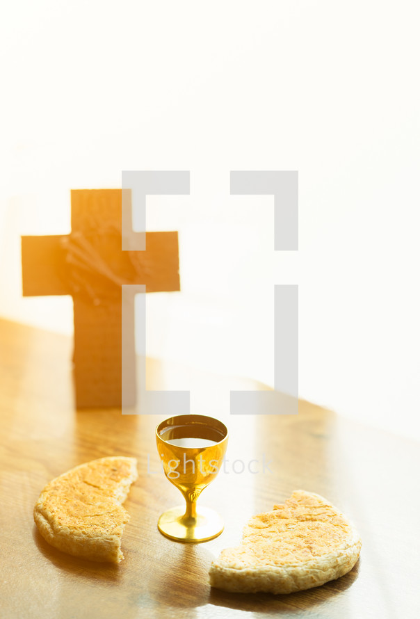 communion bread and wine at the altar 