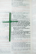Flax cross on Bible open to Matthew 21 -- Jesus rides into Jerusalem.