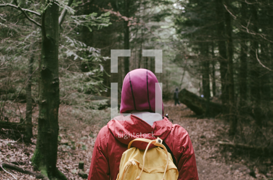 a woman in a pink hoodie hiking on the forest path