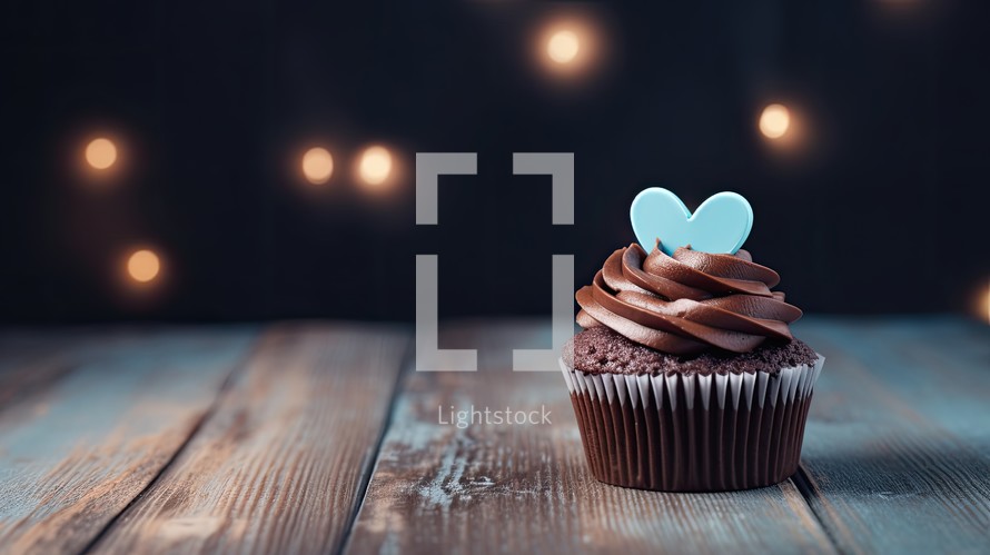 Chocolate cupcake with blue heart on top and lights on wooden background