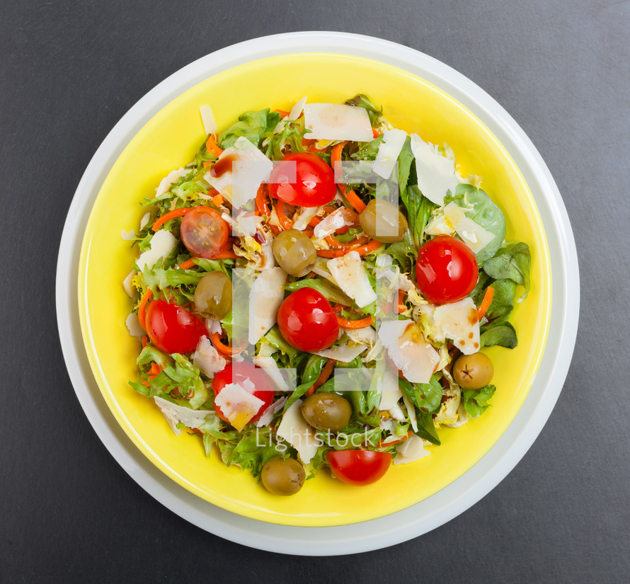 Mixed salad from above with olives, cheese and tomatoes