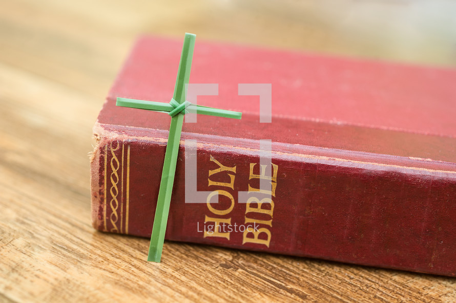 Flax cross leaning on spine of Bible.
