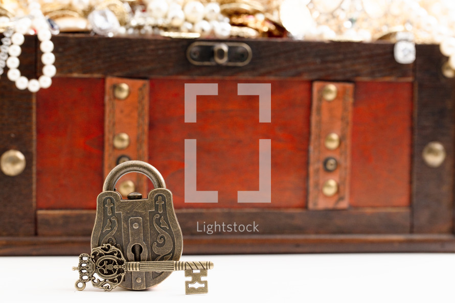 Antique Style Lock and a Treasure Chest FIlled with Gold Silver DIamond Treasures