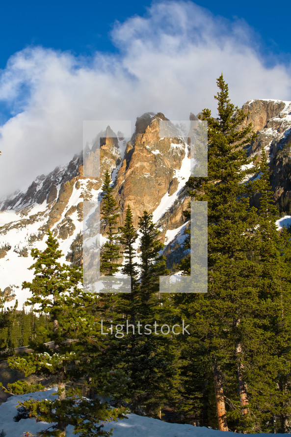 mountain peaks in the clouds and snow in a forest 