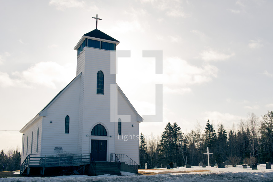 A small, white, country church.