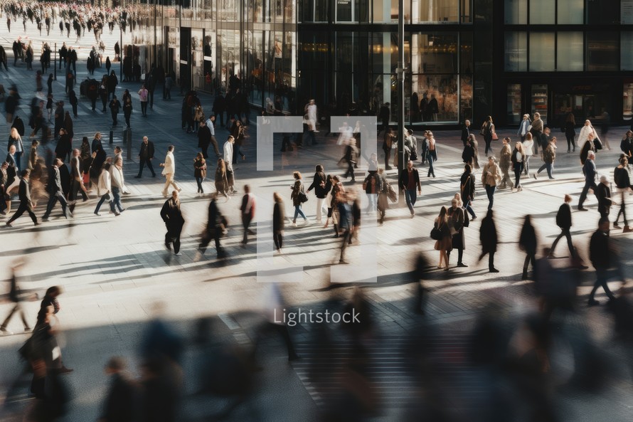 Blurred image of a crowd of people walking in the city.