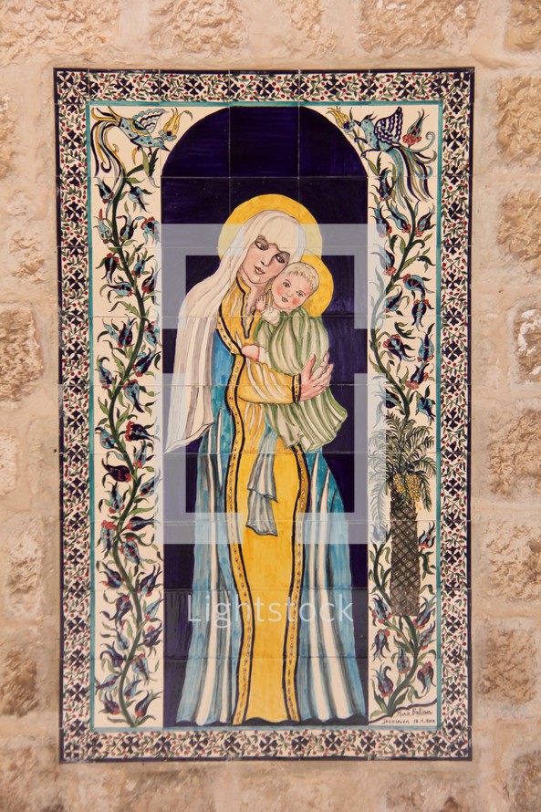 Tiled image of the Virgin Mary and Jesus at the Birthplace of Mary, Jerusalem