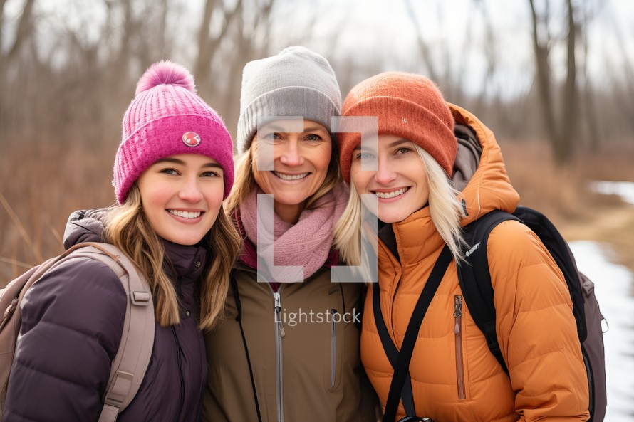 Three women with backpacks looking at camera in a park in winter