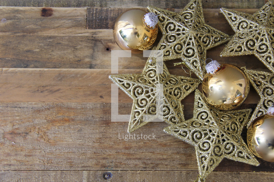Christmas ornaments on a wood floor 