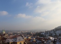 snow on rooftops in Prague 
