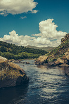 water, flowing, river, rocks, outdoors, nature, trees, clouds, sky 