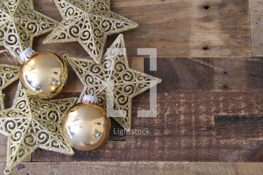 Christmas ornaments on a wood floor 