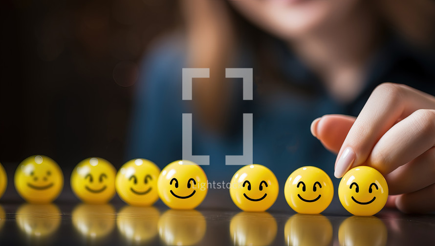 Woman hand putting yellow smiley face on row of yellow smileys.