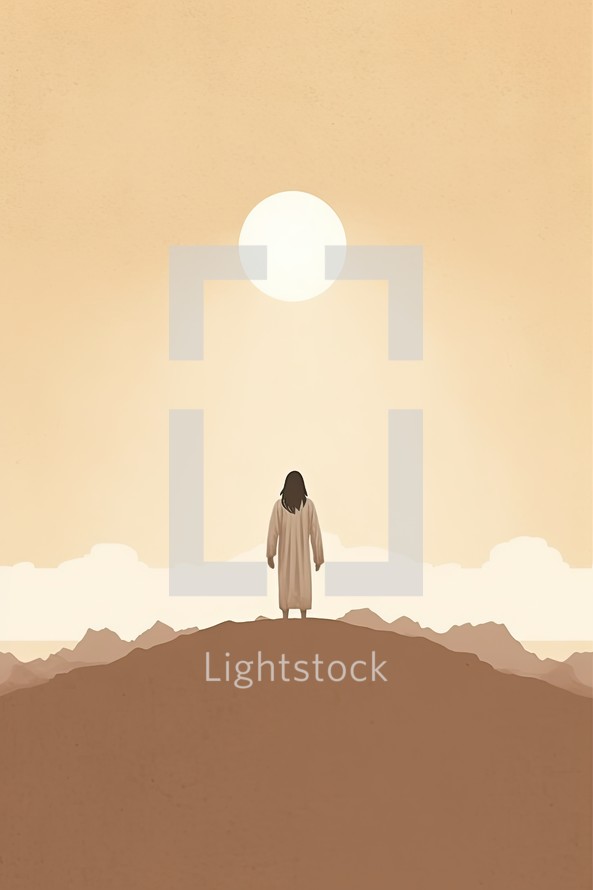 Jesus Christ standing on top of a mountain and looking at the sun. Minimal illustration