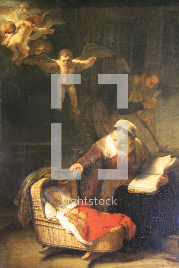 painting of a mother rocking a baby and angels watching over 