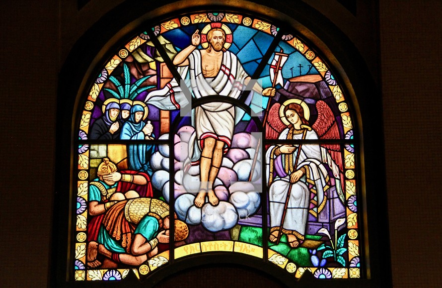 Stained glass window depicting the resurection of Christ  