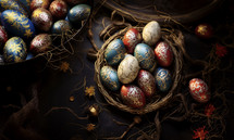 Hand-painted Easter eggs in a baskets within a rustic setting