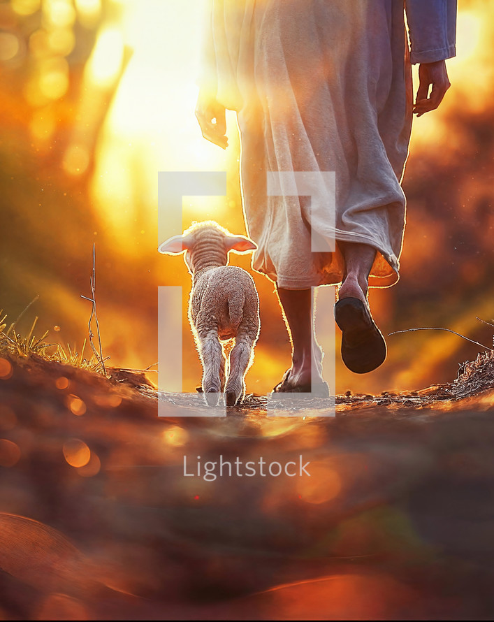 A small lamb walking with Jesus at sunset