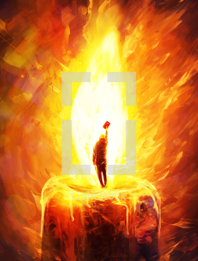 Man stands holding a Bible inside a candle flame