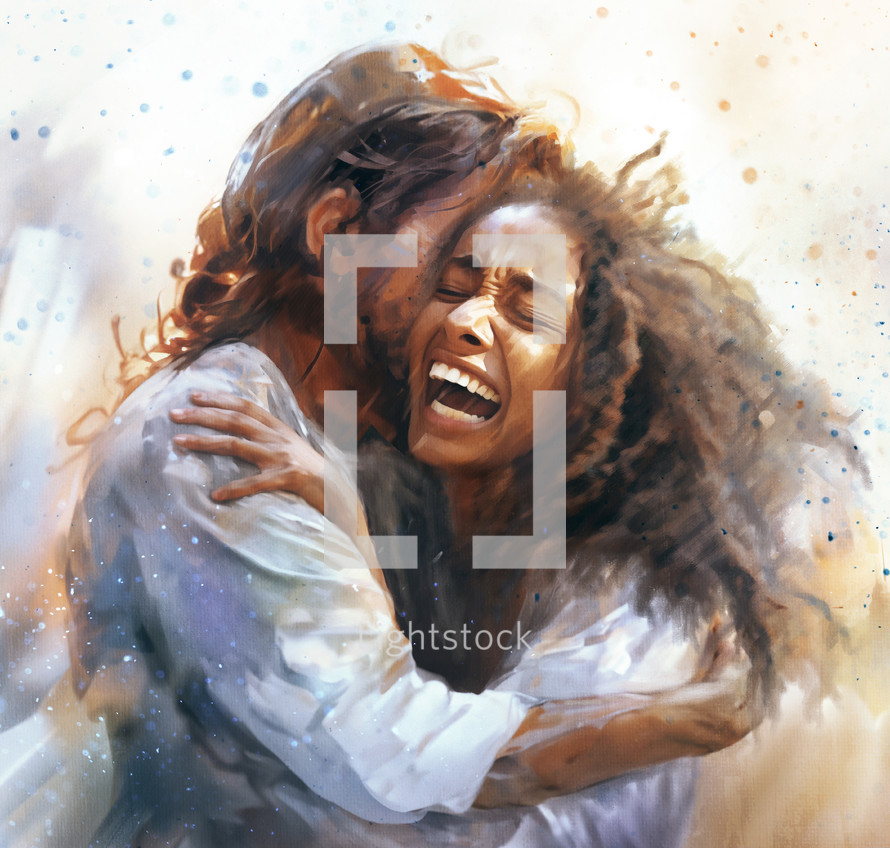 Jesus hugs a woman in heaven