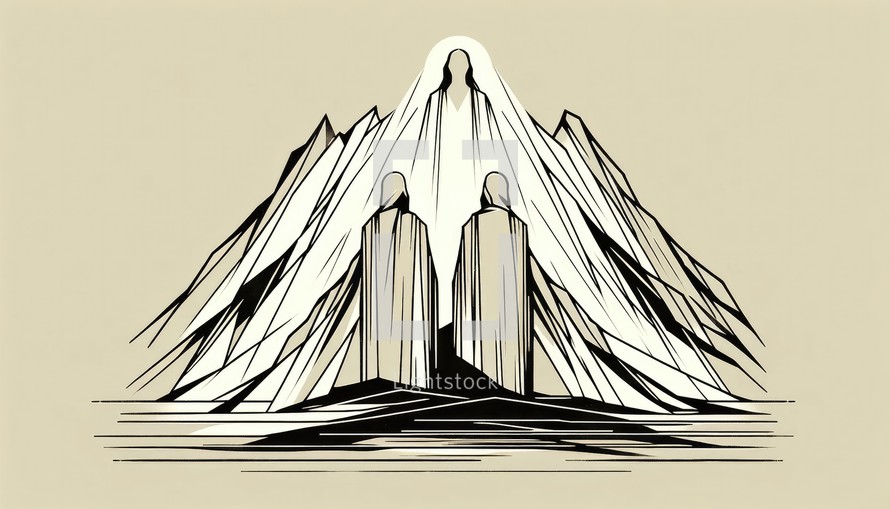 The greatest miracle: Transfiguration of Jesus. llustration of Jesus appearing bright to Peter, James and John on a mountain. Digital illustration.