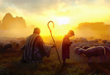 Shepherd and son watch over the sheep