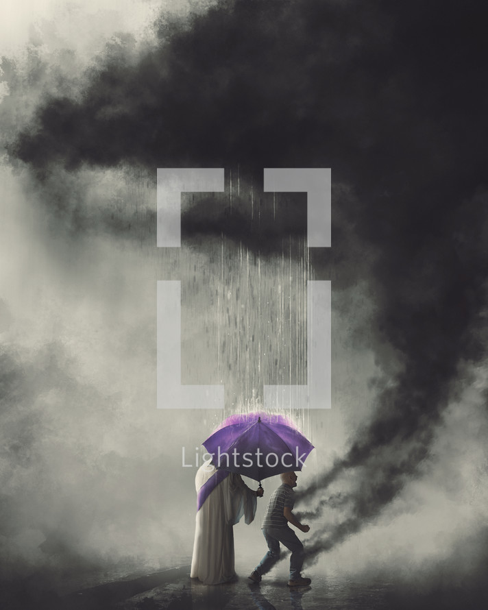 Jesus holding purple umbrella over distraught man